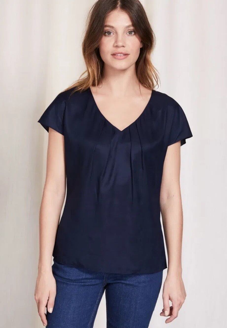 Boden Ravello Black Silk Blend V Neck Pleated Short Sleeve Blouse US 12